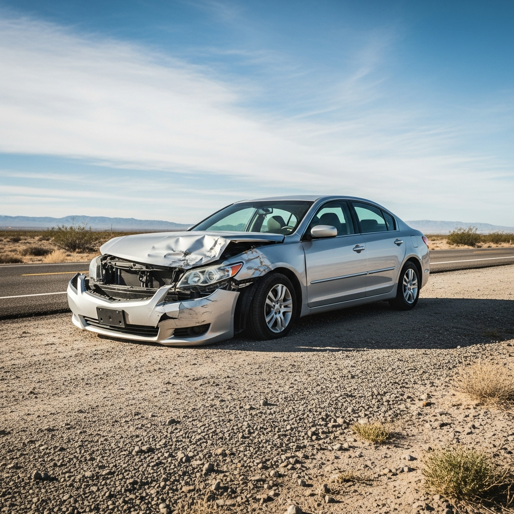 A silver sedan with significant front-end impact damage parked on the shoulder of a dry, desert-lined highway in California.