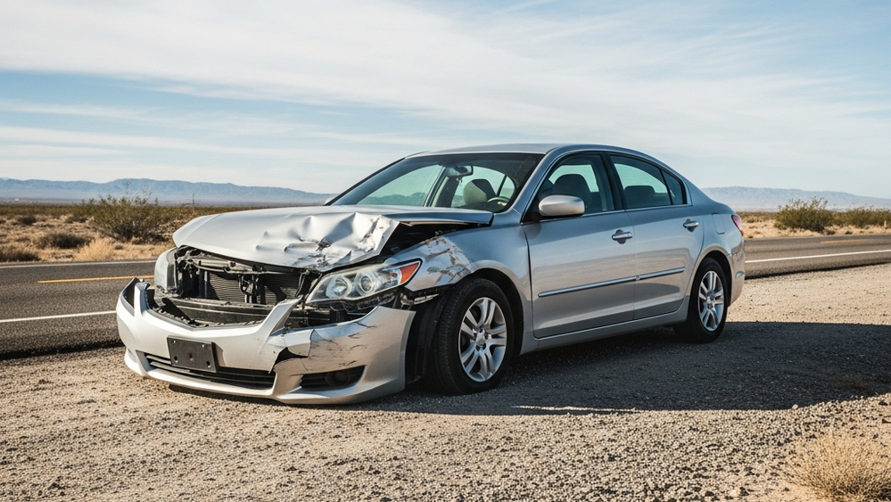 A silver sedan with significant front-end impact damage parked on the shoulder of a dry, desert-lined highway in California.