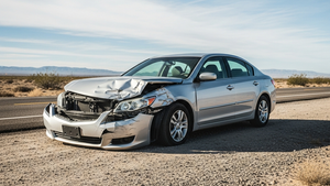 A silver sedan with significant front-end impact damage parked on the shoulder of a dry, desert-lined highway in California.