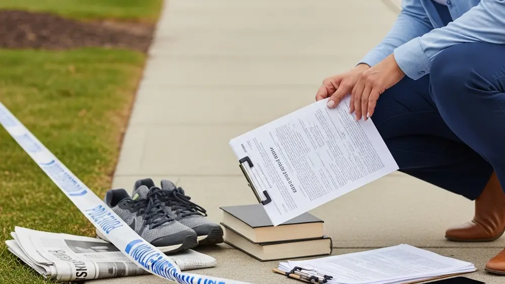 A sidewalk with police tape and running shoes nearby, symbolizing a pedestrian accident involving student athletes.