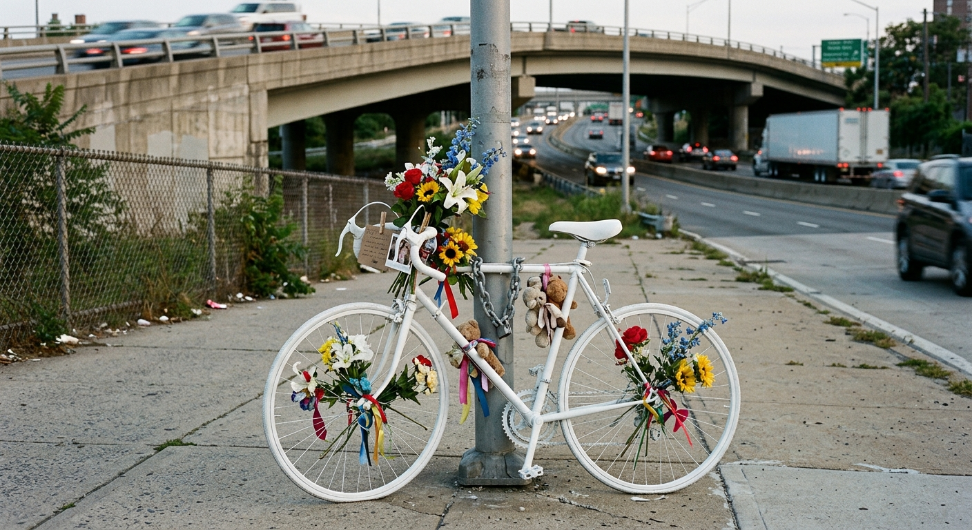 A white ghost bike memorial decorated with flowers stands silently on a sidewalk near a busy highway overpass without any text visible.