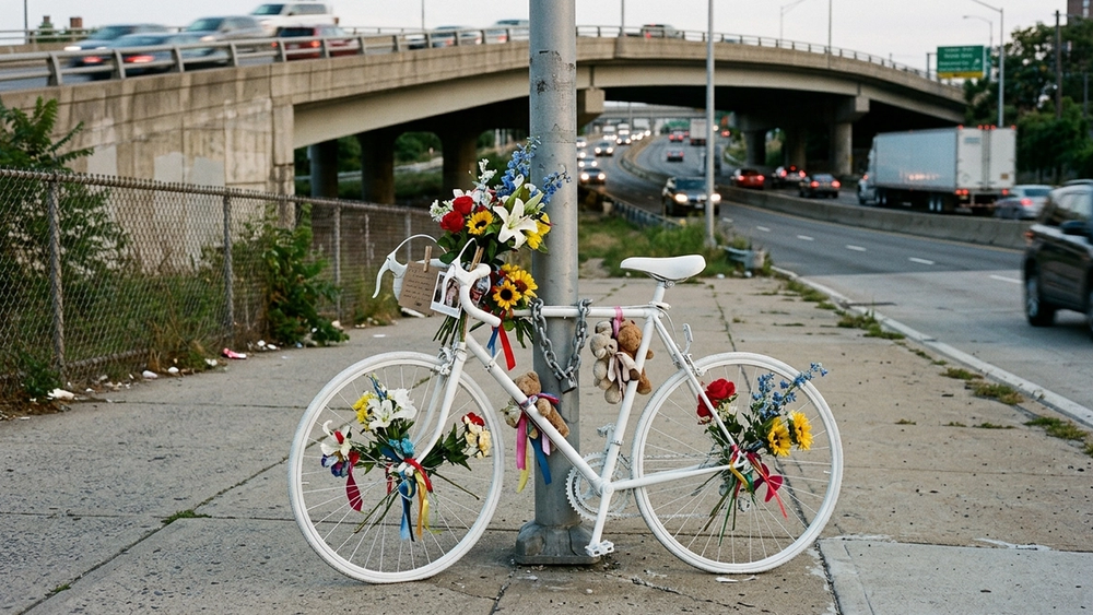 A white ghost bike memorial decorated with flowers stands silently on a sidewalk near a busy highway overpass without any text visible.