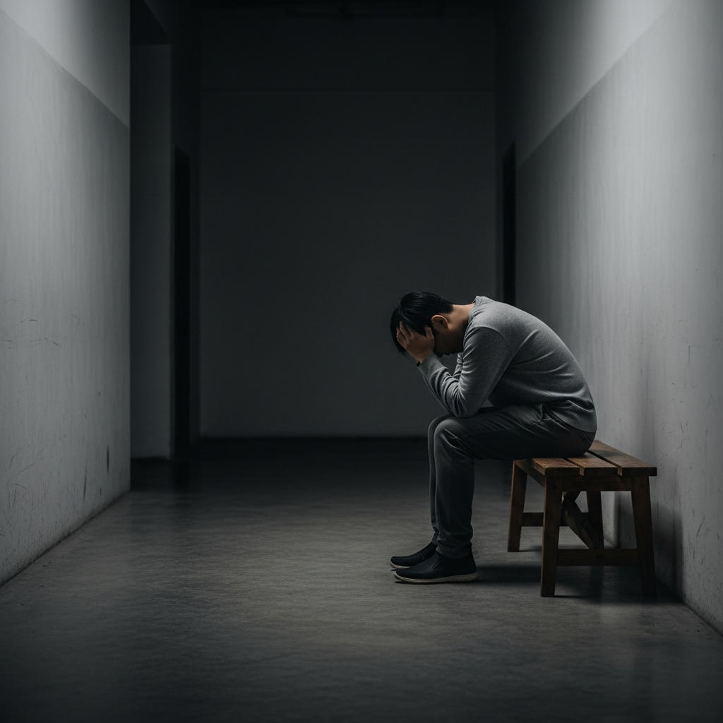 A person sitting on a wooden bench in a dimly lit hallway looking contemplative with their head in their hands, symbolizing the loss of liberty.