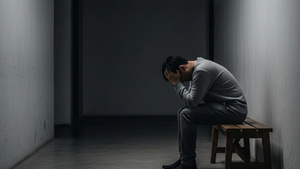 A person sitting on a wooden bench in a dimly lit hallway looking contemplative with their head in their hands, symbolizing the loss of liberty.
