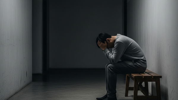 A person sitting on a wooden bench in a dimly lit hallway looking contemplative with their head in their hands, symbolizing the loss of liberty.