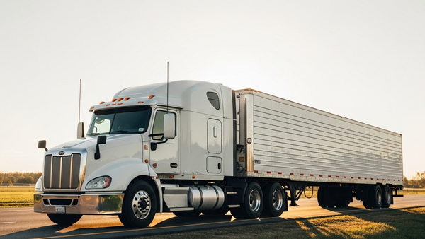 A large commercial semi-truck with a silver trailer parked on the side of a highway at sunset.