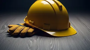 A symbolic image of a yellow hard hat and a pair of work gloves resting on a darkened wooden surface, representing the loss of a worker.