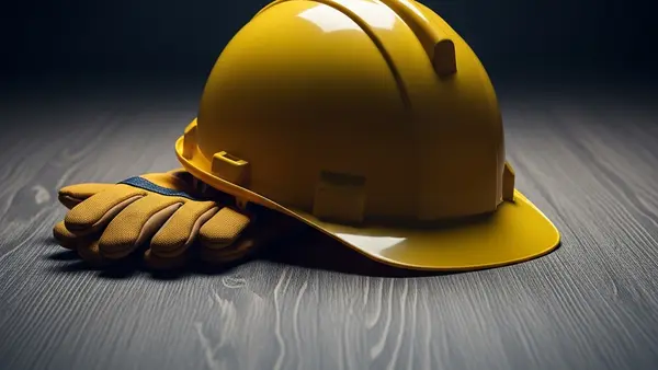 A symbolic image of a yellow hard hat and a pair of work gloves resting on a darkened wooden surface, representing the loss of a worker.