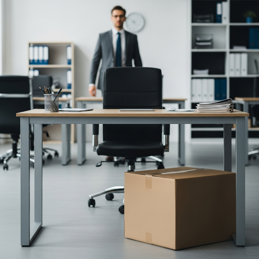 An office setting showing an empty desk with a cardboard box next to it while a person in professional attire walks away in the background.