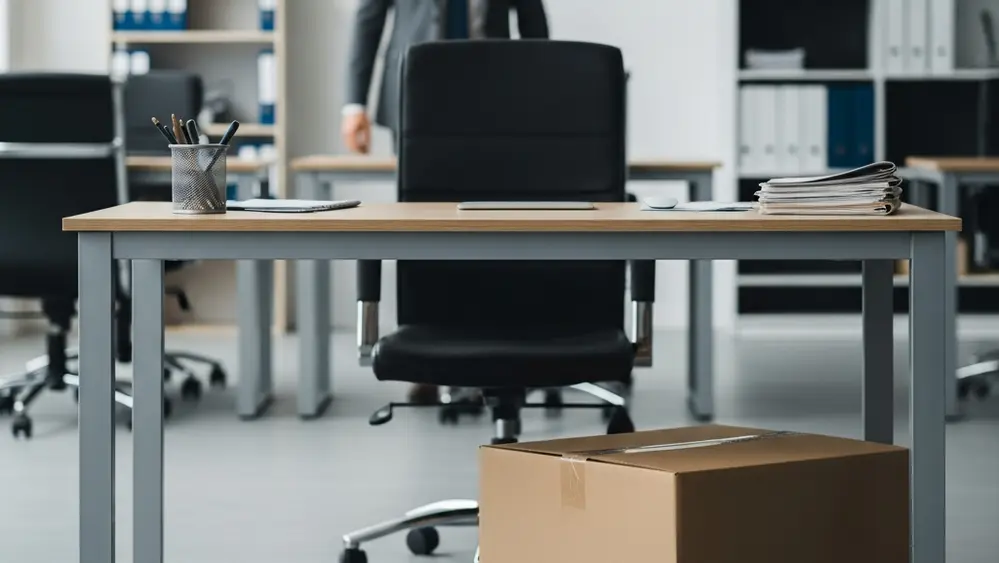 An office setting showing an empty desk with a cardboard box next to it while a person in professional attire walks away in the background.