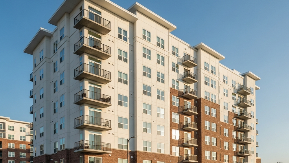A modern high-rise senior living apartment building with balcony railings and windows viewed from street level during a clear day.
