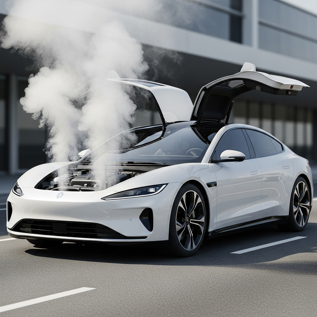 A sleek white electric sedan with gull-wing doors parked on a modern asphalt road with smoke rising from the front hood.