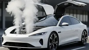 A sleek white electric sedan with gull-wing doors parked on a modern asphalt road with smoke rising from the front hood.