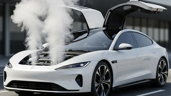 A sleek white electric sedan with gull-wing doors parked on a modern asphalt road with smoke rising from the front hood.