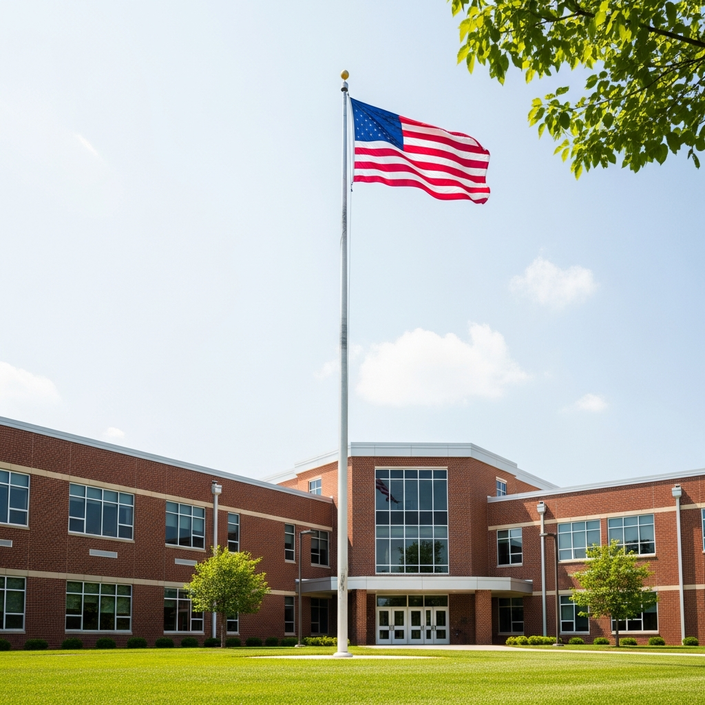 A modern brick high school building with an American flag on a tall pole in front, viewed from a low angle on a bright sunny day with green grass.