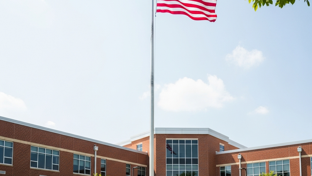 A modern brick high school building with an American flag on a tall pole in front, viewed from a low angle on a bright sunny day with green grass.