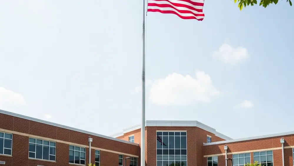 A modern brick high school building with an American flag on a tall pole in front, viewed from a low angle on a bright sunny day with green grass.