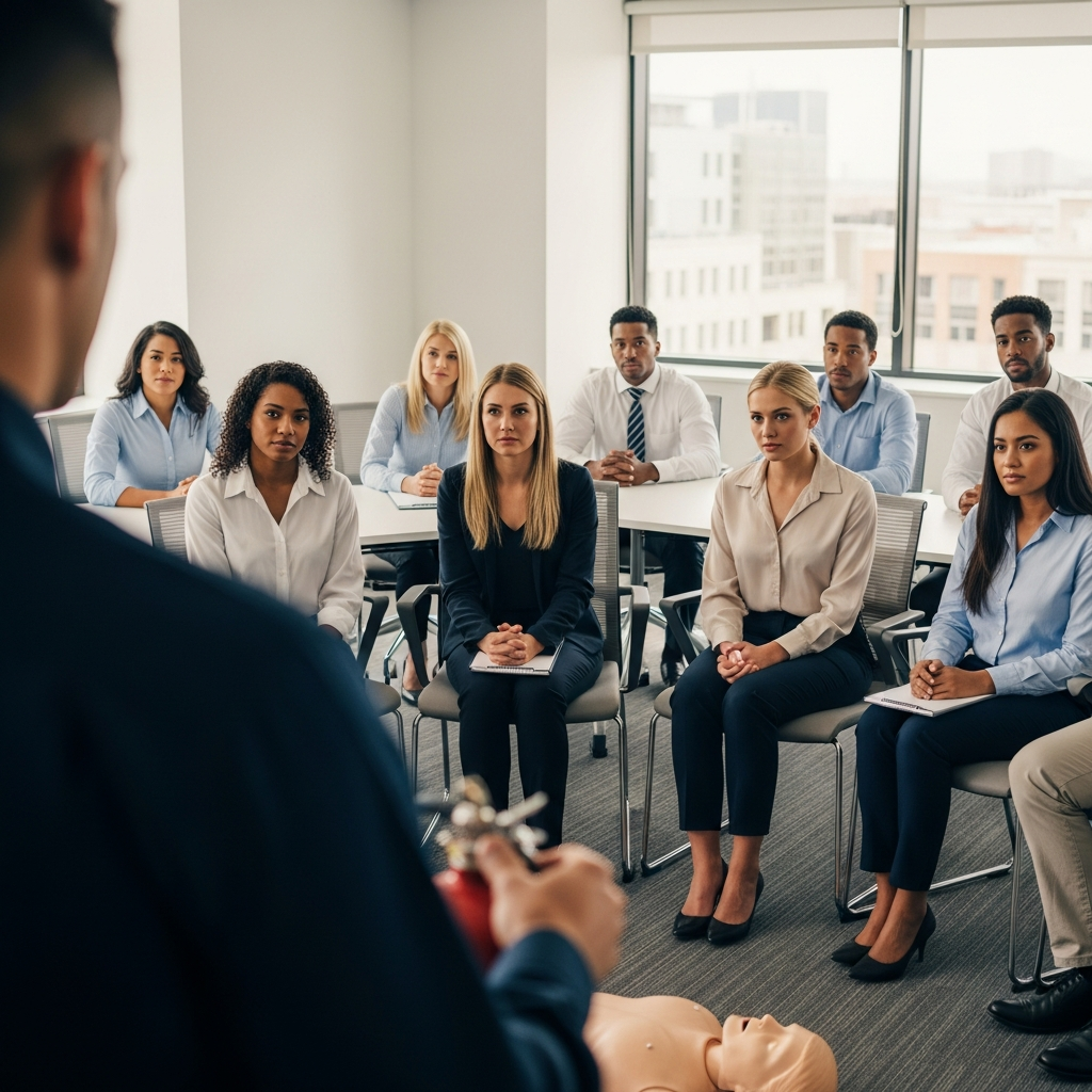 A group of professional office employees sitting in a circle during a workplace safety seminar, looking attentively at a demonstration.