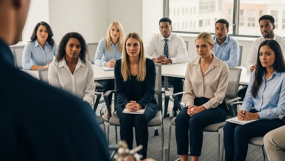 A group of professional office employees sitting in a circle during a workplace safety seminar, looking attentively at a demonstration.