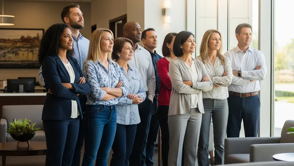 A diverse group of people standing together in a professional lobby, looking toward a large window where sunlight is streaming in, symbolizing collective unity and transparency.
