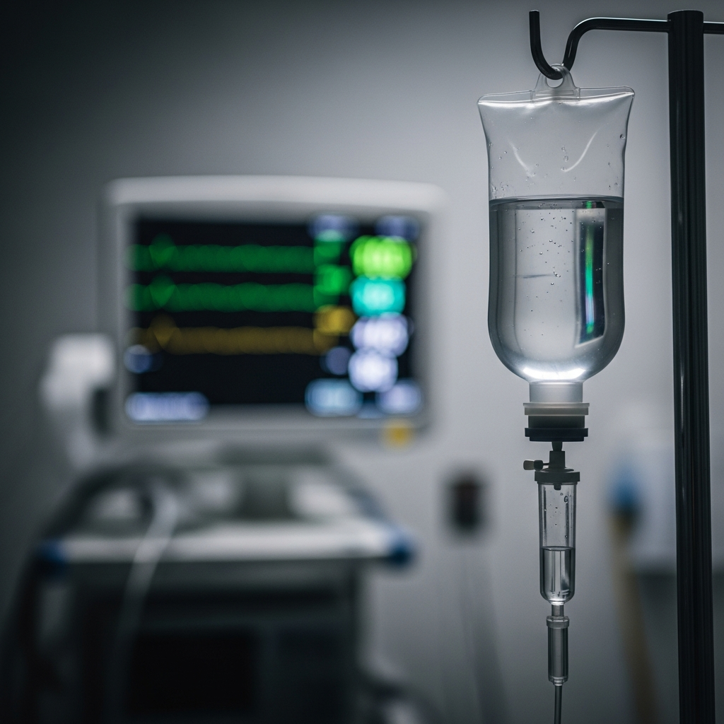 A close-up of a medical IV drip bag hanging on a metal pole in a dimly lit, soft-focus hospital setting, with a blurred surgical monitor in the background showing green vital sign lines.
