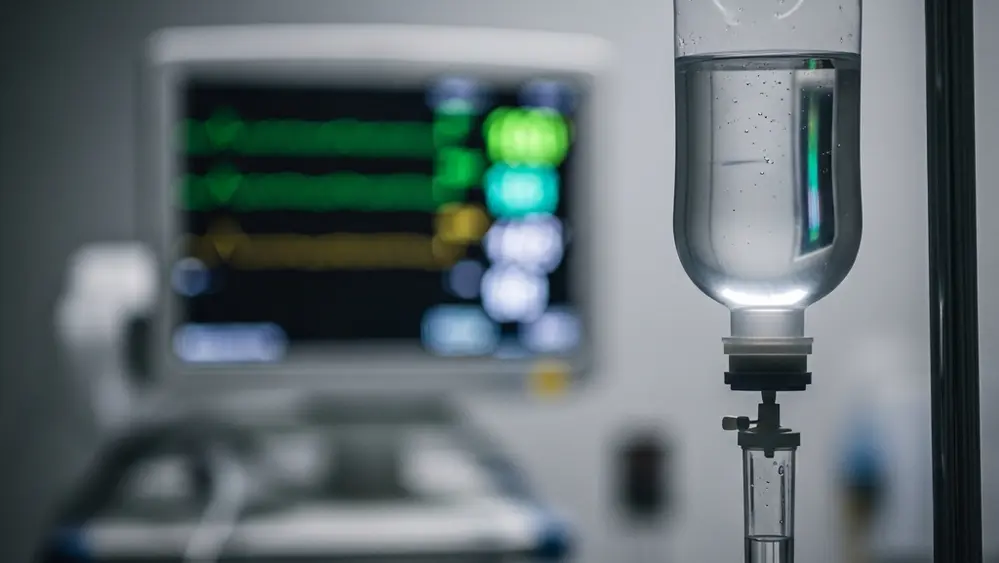 A close-up of a medical IV drip bag hanging on a metal pole in a dimly lit, soft-focus hospital setting, with a blurred surgical monitor in the background showing green vital sign lines.