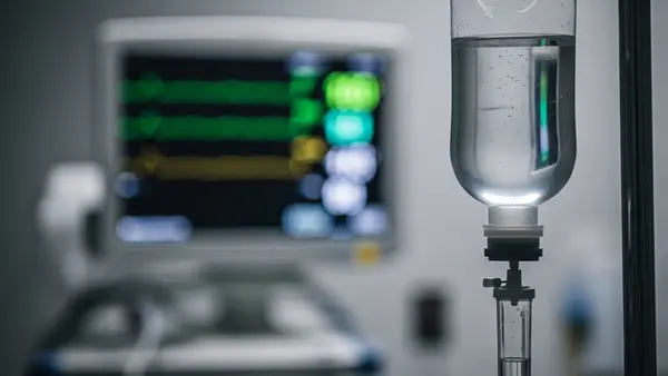 A close-up of a medical IV drip bag hanging on a metal pole in a dimly lit, soft-focus hospital setting, with a blurred surgical monitor in the background showing green vital sign lines.