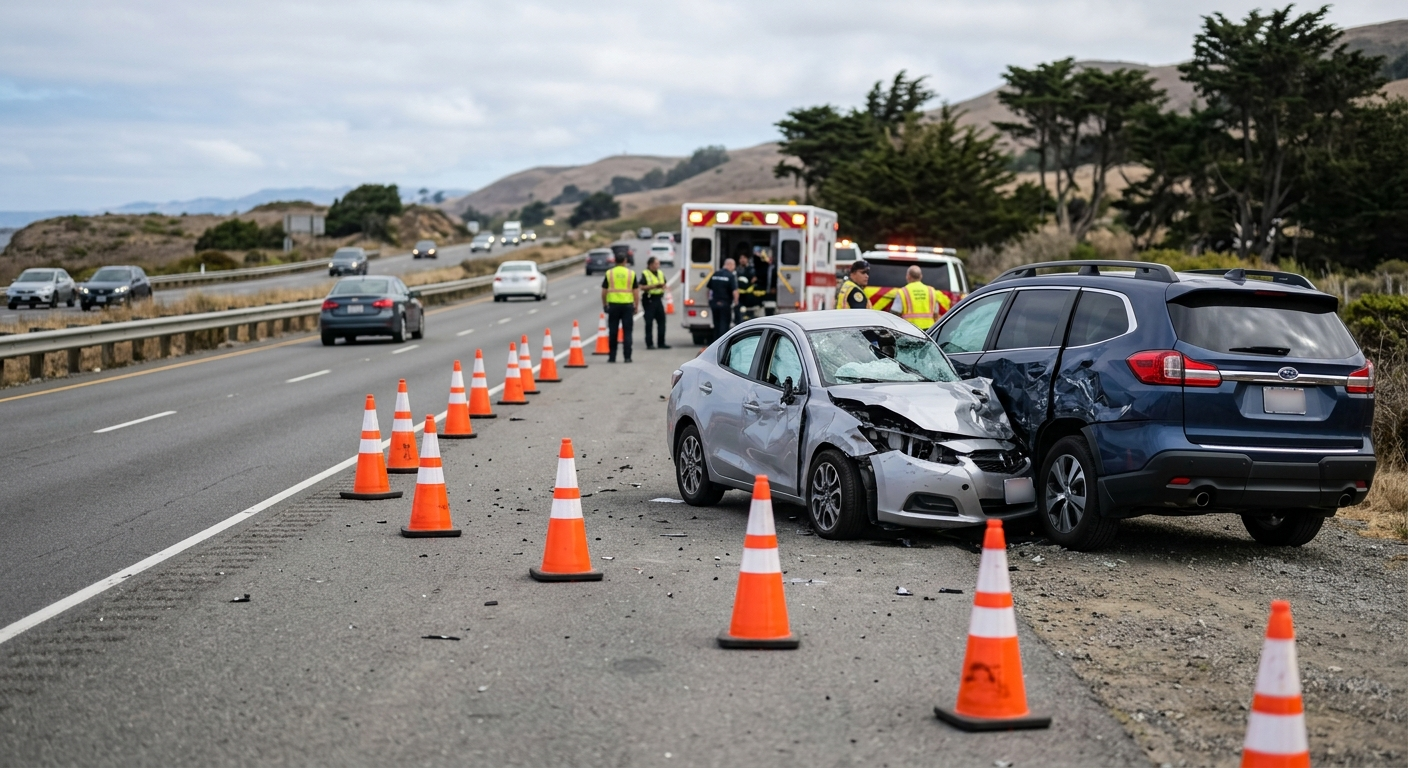 A mangled silver sedan and a dark SUV on the shoulder of a California highway with orange traffic cones and an ambulance in the distance.