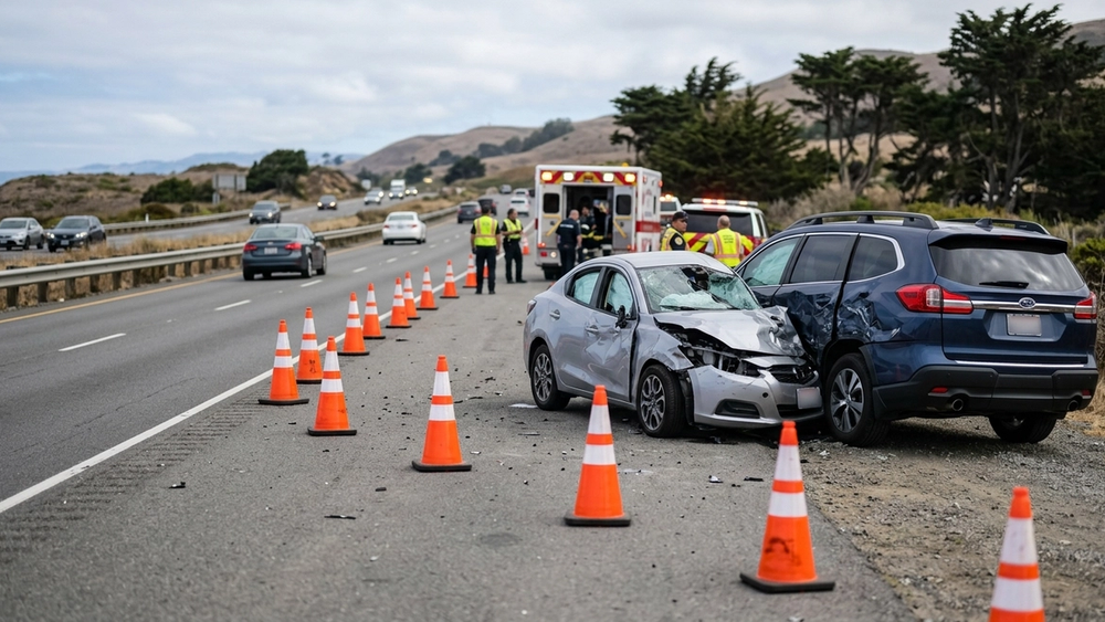 A mangled silver sedan and a dark SUV on the shoulder of a California highway with orange traffic cones and an ambulance in the distance.
