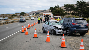 A mangled silver sedan and a dark SUV on the shoulder of a California highway with orange traffic cones and an ambulance in the distance.