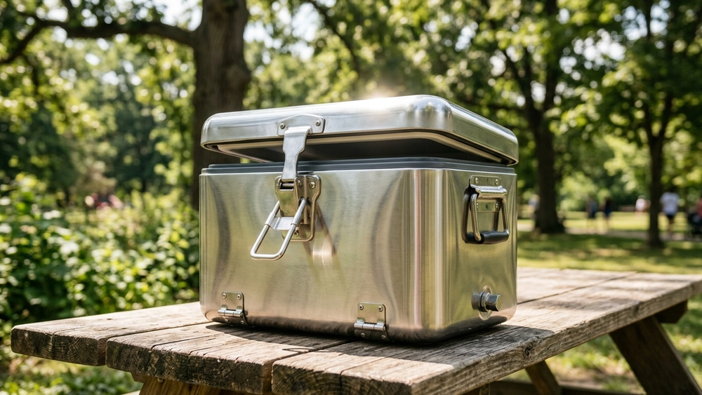 A stainless steel portable cooler sitting on a wooden picnic table outdoors, with its metal latch mechanism partially open and sunlight reflecting off the polished surface.