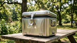 A stainless steel portable cooler sitting on a wooden picnic table outdoors, with its metal latch mechanism partially open and sunlight reflecting off the polished surface.