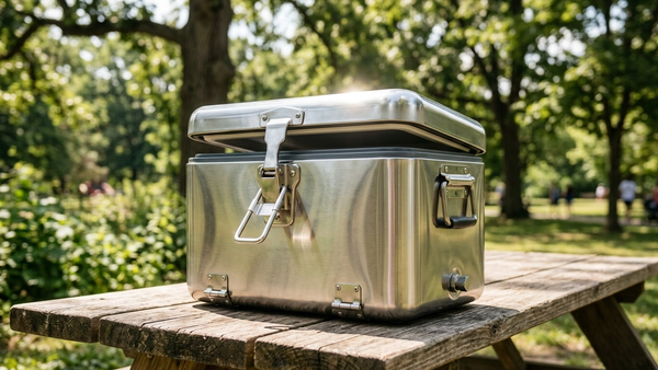 A stainless steel portable cooler sitting on a wooden picnic table outdoors, with its metal latch mechanism partially open and sunlight reflecting off the polished surface.