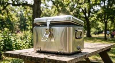 A stainless steel portable cooler sitting on a wooden picnic table outdoors, with its metal latch mechanism partially open and sunlight reflecting off the polished surface.