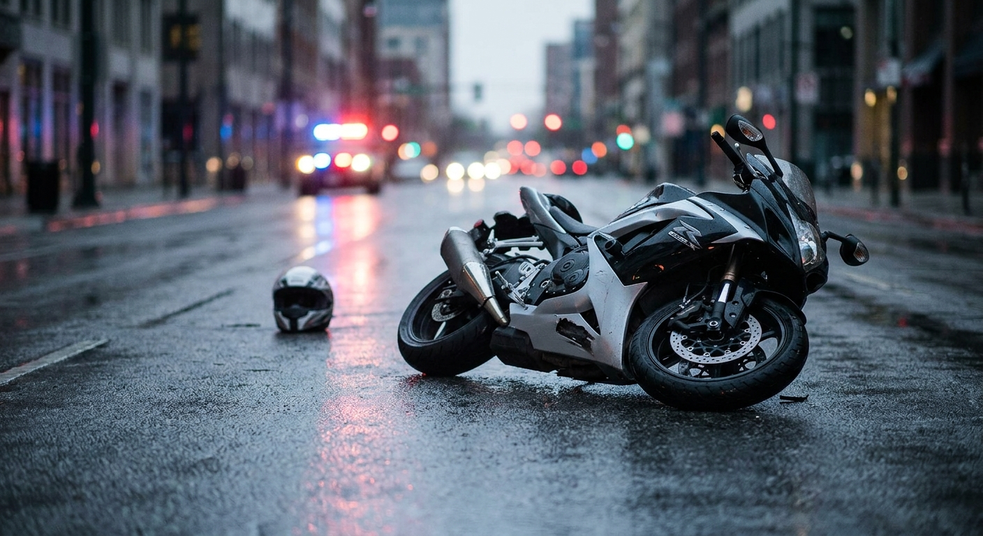 A modern motorcycle lying on its side on a wet urban asphalt street with emergency vehicle lights blurred in the background.