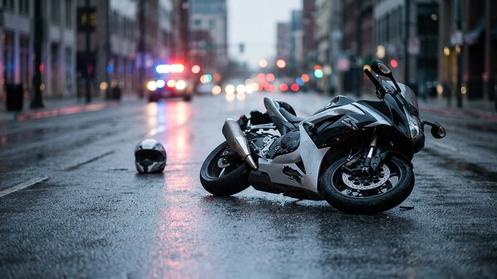 A modern motorcycle lying on its side on a wet urban asphalt street with emergency vehicle lights blurred in the background.