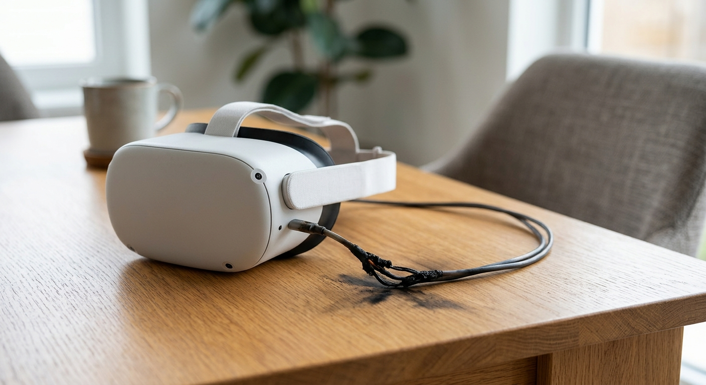 A white virtual reality headset sits on a wooden table with a charred charging cable nearby, showing signs of heat damage and black soot marks.