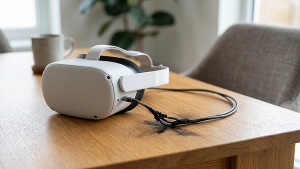 A white virtual reality headset sits on a wooden table with a charred charging cable nearby, showing signs of heat damage and black soot marks.