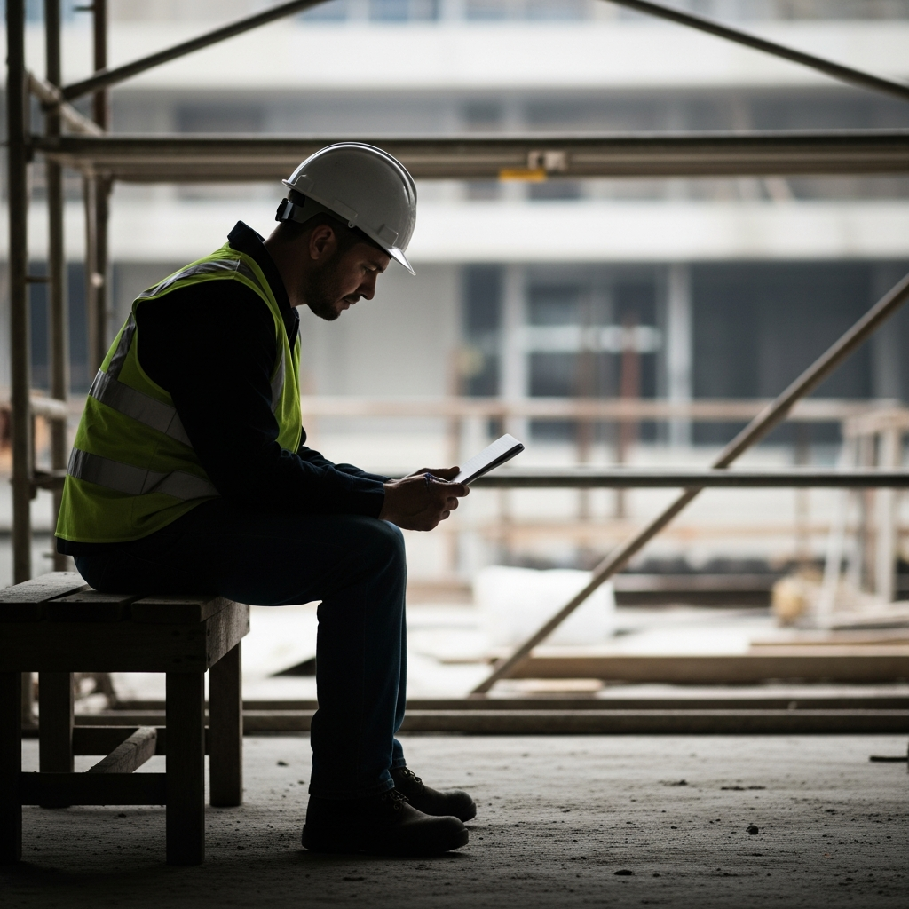 A construction worker sitting alone on a wooden bench at a job site, wearing a reflective vest and hard hat, looking at a notepad with a concerned expression.