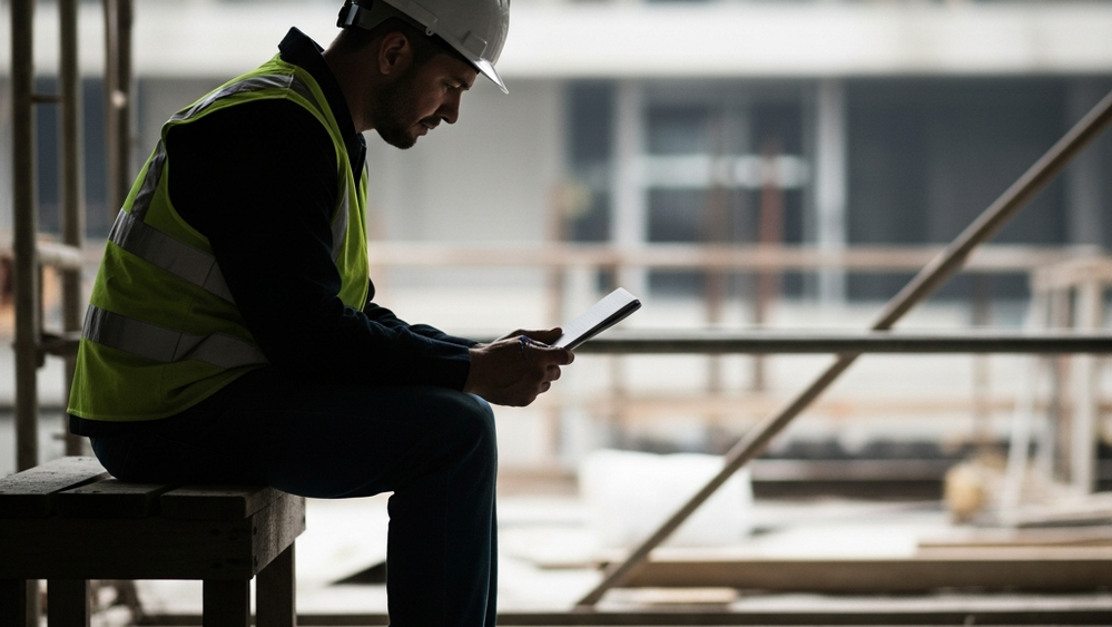 A construction worker sitting alone on a wooden bench at a job site, wearing a reflective vest and hard hat, looking at a notepad with a concerned expression.
