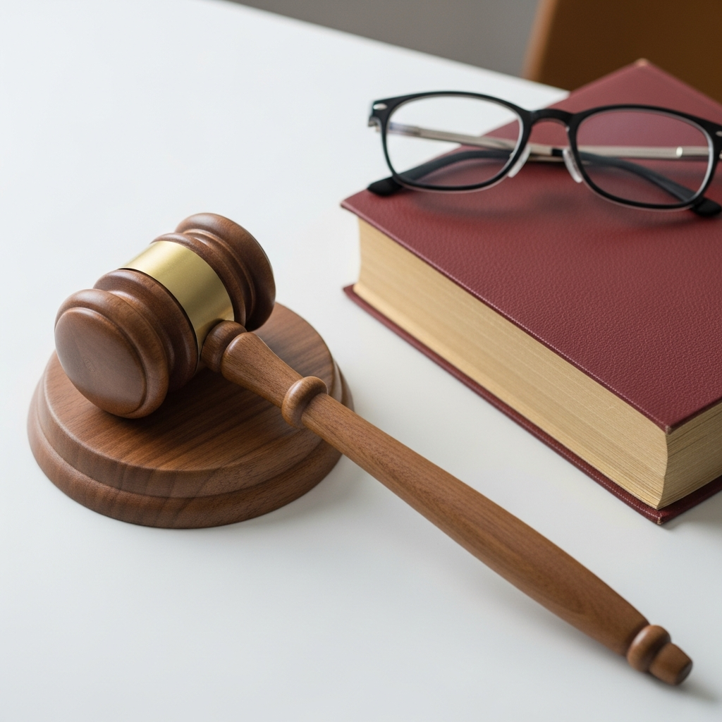 A high-angle view of an organized wooden gavel resting on a desk next to a leather-bound book and a pair of eyeglasses, representing legal procedures.