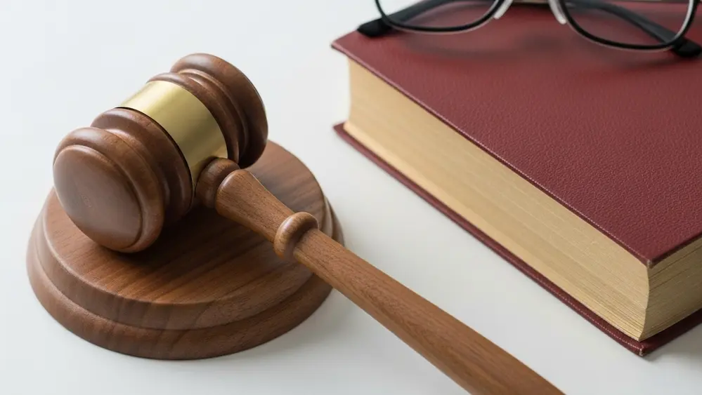 A high-angle view of an organized wooden gavel resting on a desk next to a leather-bound book and a pair of eyeglasses, representing legal procedures.