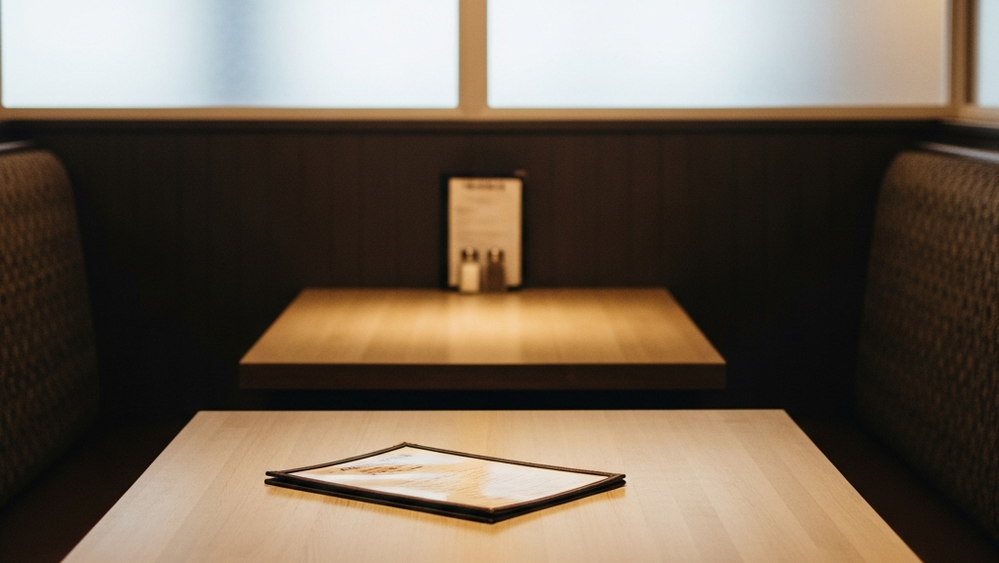 An empty restaurant dining booth with a single menu on the table in a softly lit environment.