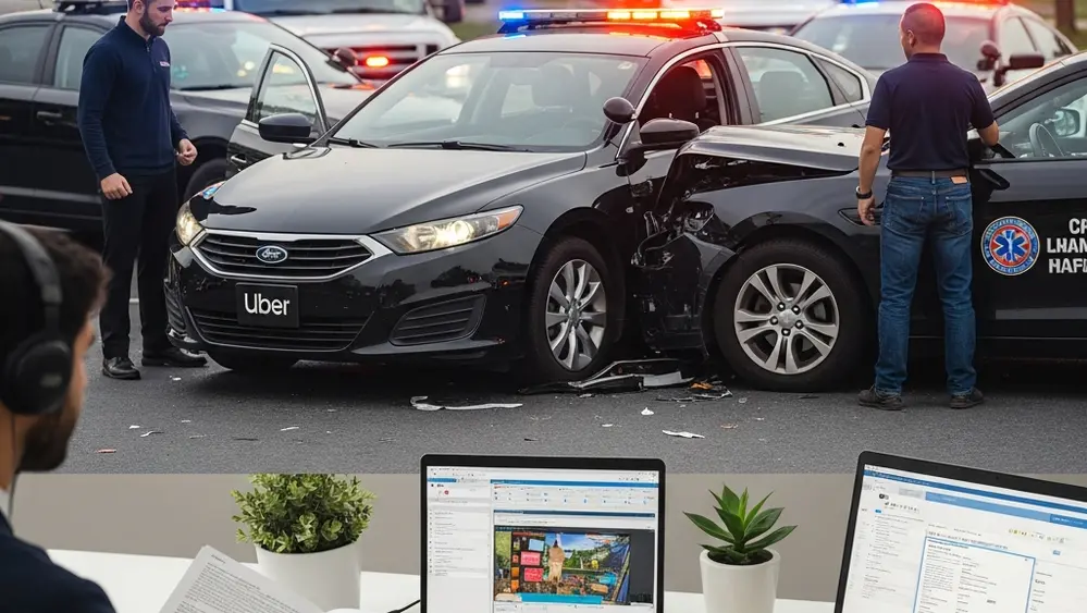 An Uber car involved in a multi-vehicle collision with emergency lights in the background, illustrating the complexity of rideshare insurance claims.