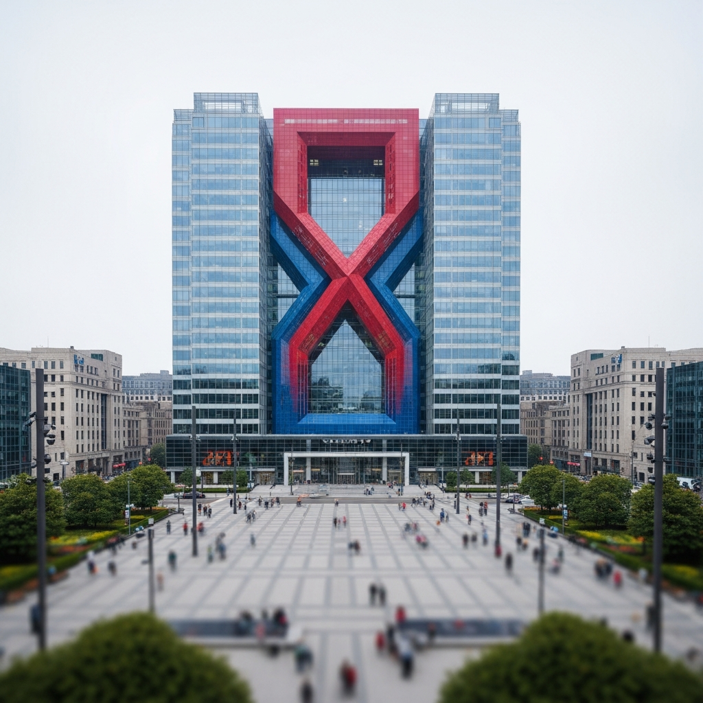 A wide-angle view of a large corporate bank headquarters with a prominent red and blue architectural design element, situated in a busy city square.
