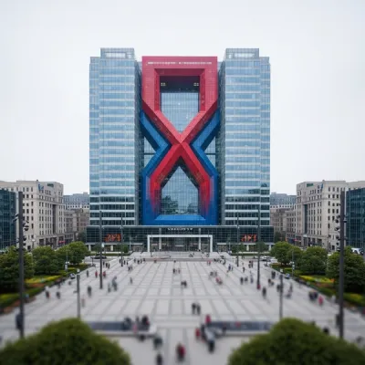 A wide-angle view of a large corporate bank headquarters with a prominent red and blue architectural design element, situated in a busy city square.