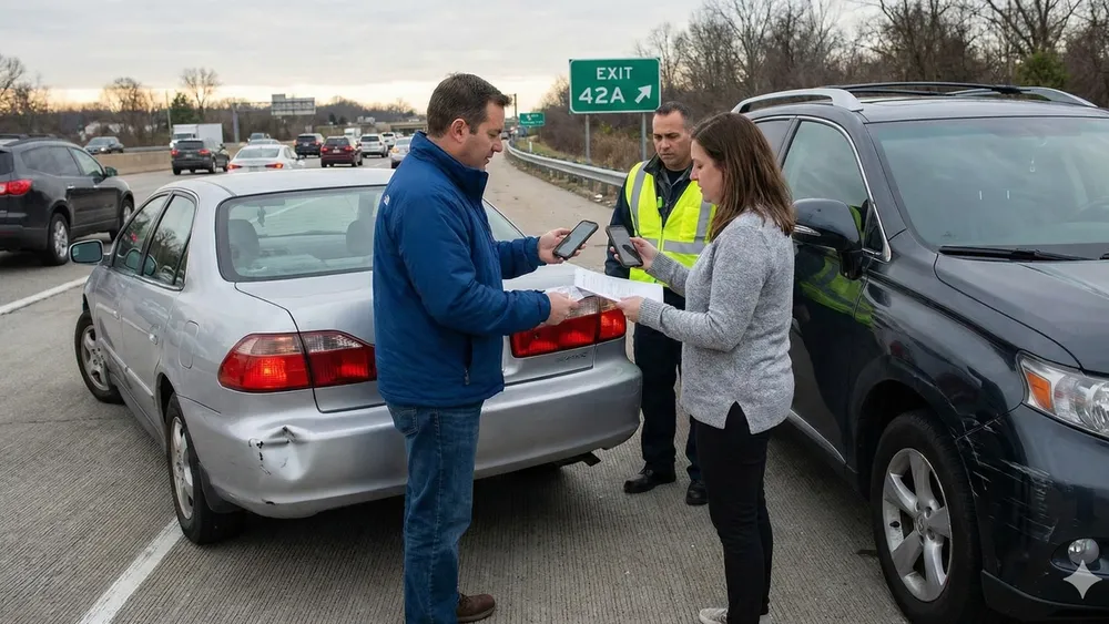 Two drivers exchanging insurance information on the side of the road after a minor collision.