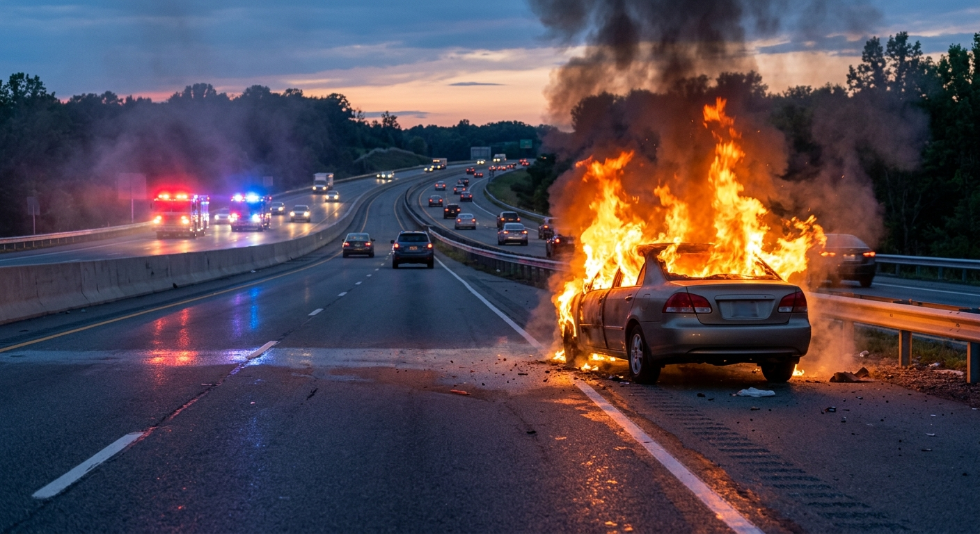 A late-model sedan engulfed in bright orange flames on the shoulder of a modern multi-lane highway, with emergency lights from a distant fire truck reflecting on the pavement during twilight.