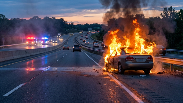 A late-model sedan engulfed in bright orange flames on the shoulder of a modern multi-lane highway, with emergency lights from a distant fire truck reflecting on the pavement during twilight.