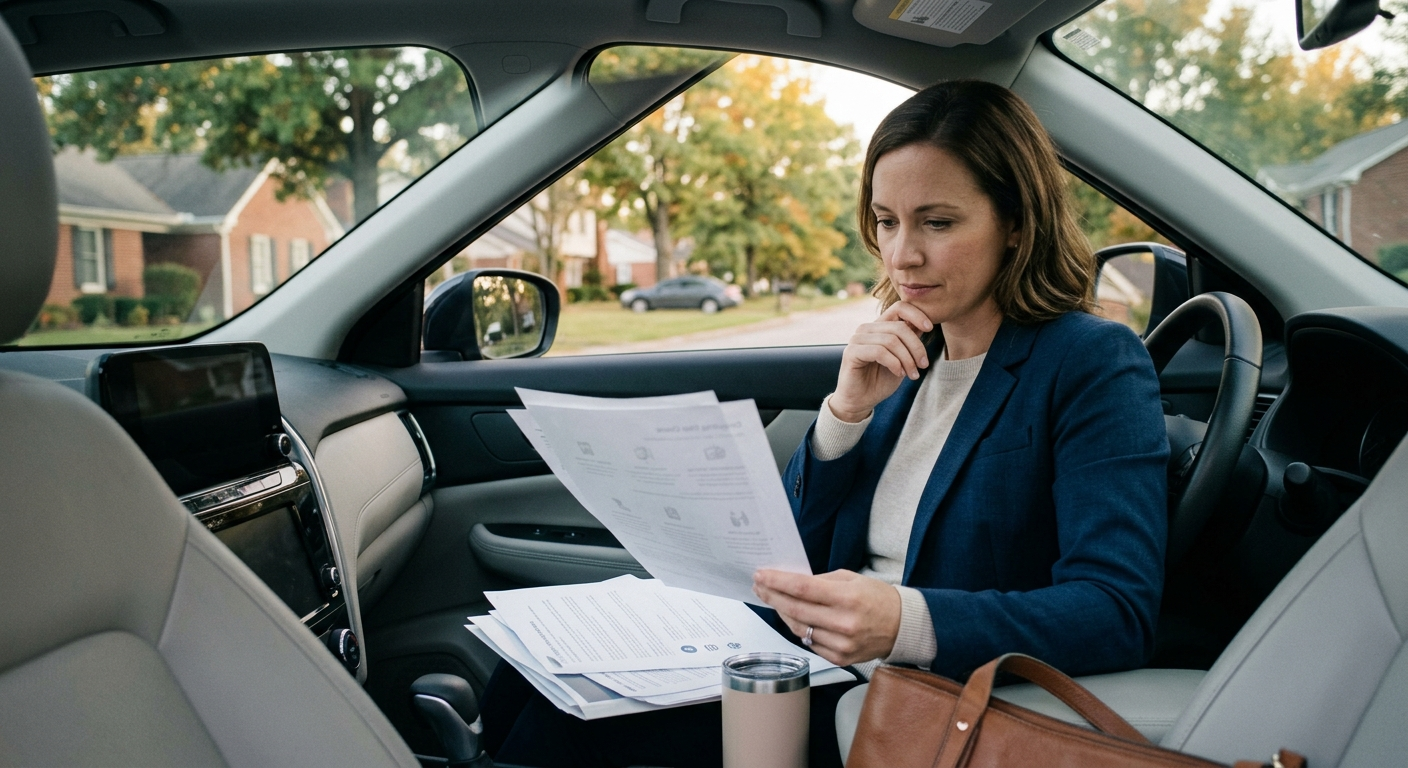 A driver reviewing insurance policy renewal documents in the front seat of a car parked on a quiet Kentucky suburban street.